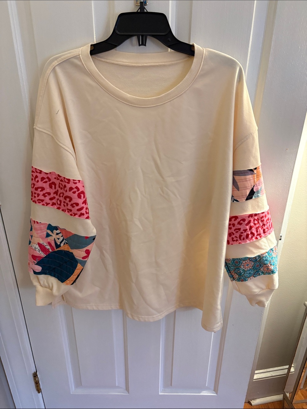 Taylor Cream Crewneck Sweatshirt with Pink Leopard & Teal Patchwork Sleeves